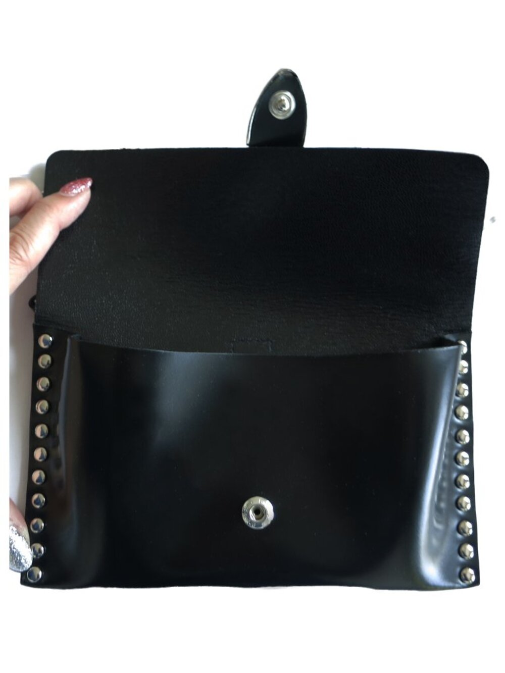 TOGA ARCHIVES Black Leather Silver Stud Embellished Chain Clutch Flap Wallet Bag - Picture 7 of 12